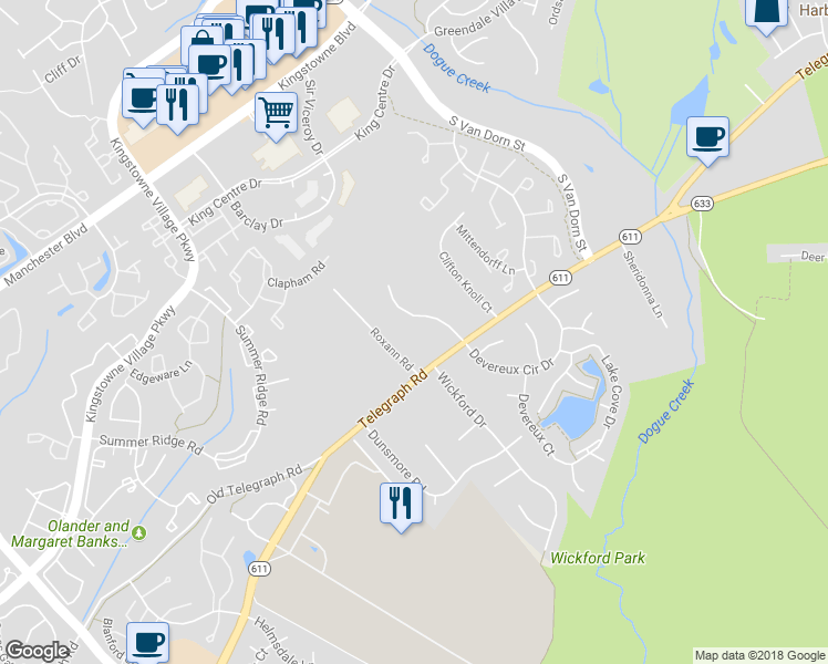 map of restaurants, bars, coffee shops, grocery stores, and more near 7024 Highland Meadows Court in Alexandria