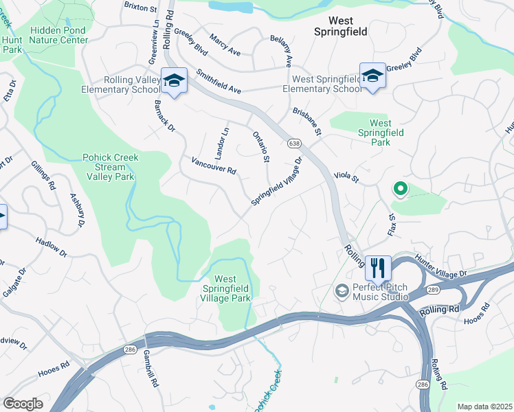 map of restaurants, bars, coffee shops, grocery stores, and more near 8129 Springfield Village Drive in West Springfield