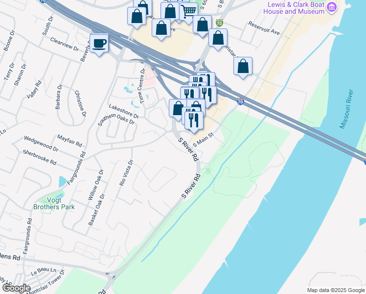 map of restaurants, bars, coffee shops, grocery stores, and more near 324 San Juan Drive in Saint Charles