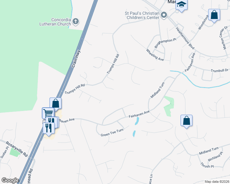 map of restaurants, bars, coffee shops, grocery stores, and more near 9034 Trumps Hill Road in Upper Marlboro