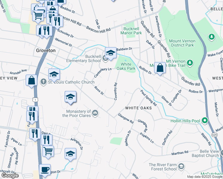 map of restaurants, bars, coffee shops, grocery stores, and more near 7032 Coventry Road in Alexandria