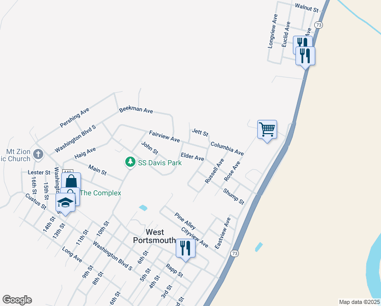 map of restaurants, bars, coffee shops, grocery stores, and more near 716 Washington Boulevard North in West Portsmouth
