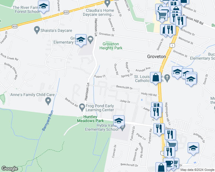 map of restaurants, bars, coffee shops, grocery stores, and more near 7000 Huntley Run Place in Alexandria