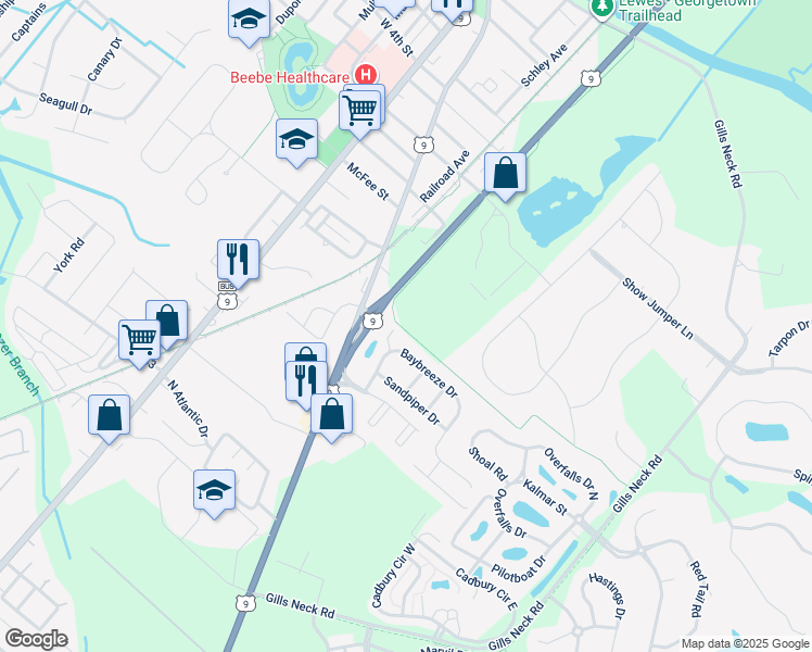 map of restaurants, bars, coffee shops, grocery stores, and more near 4 Inlet Place in Lewes
