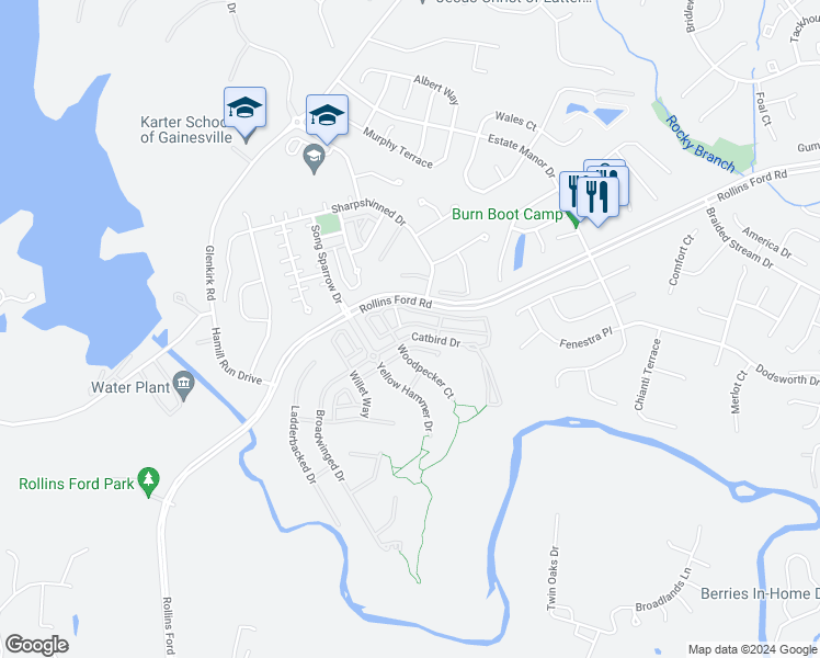 map of restaurants, bars, coffee shops, grocery stores, and more near 14252 Catbird Drive in Gainesville