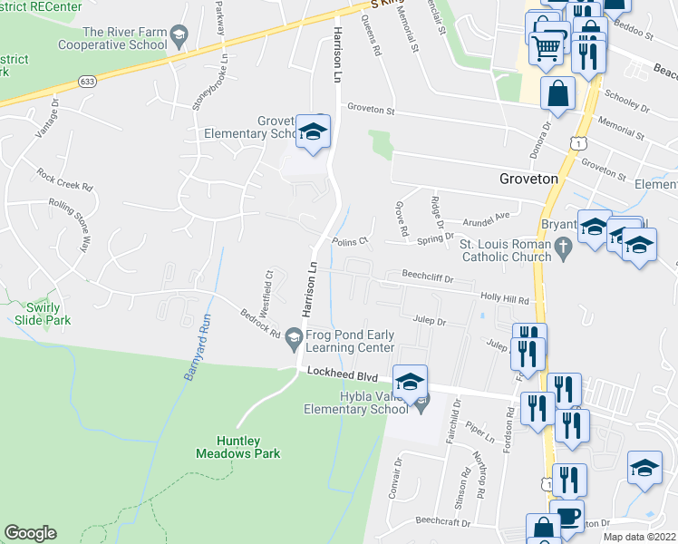 map of restaurants, bars, coffee shops, grocery stores, and more near 3574 Huntley Manor Lane in Alexandria
