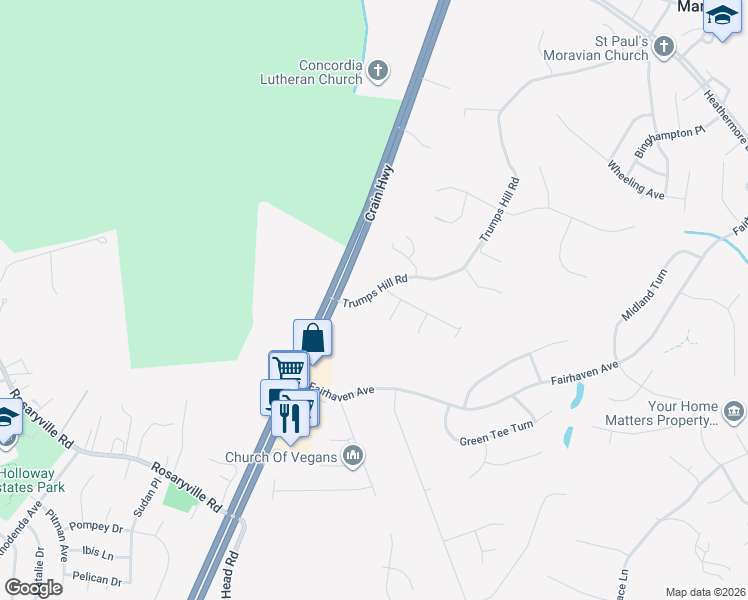 map of restaurants, bars, coffee shops, grocery stores, and more near 9102 Trumps Hill Road in Upper Marlboro