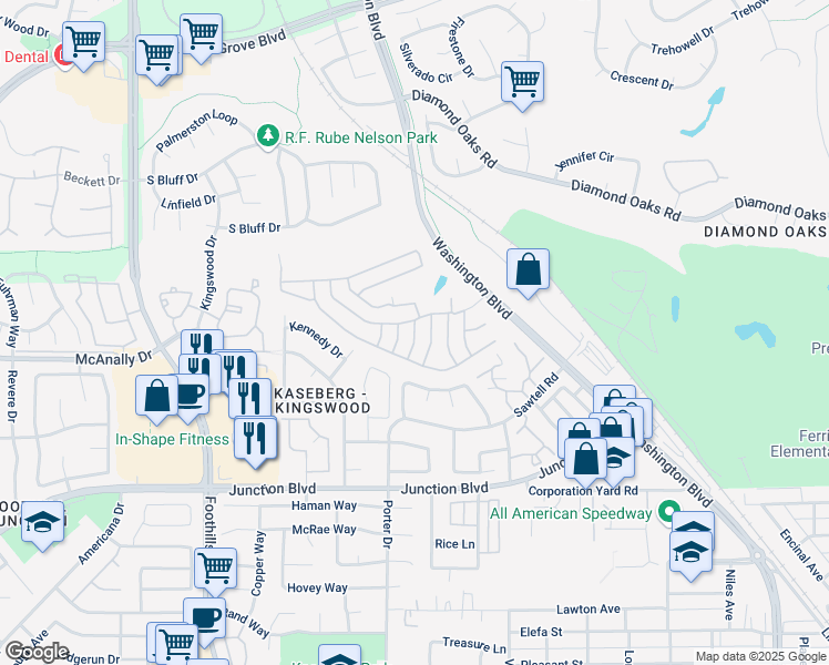 map of restaurants, bars, coffee shops, grocery stores, and more near 111 Kaseberg Drive in Roseville