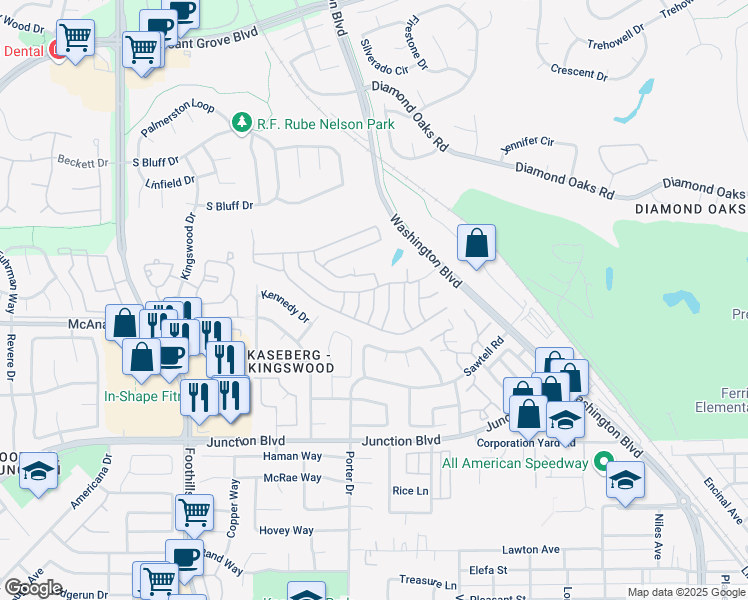 map of restaurants, bars, coffee shops, grocery stores, and more near 111 Kaseberg Drive in Roseville