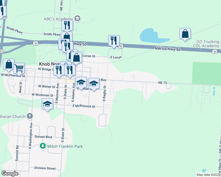 map of restaurants, bars, coffee shops, grocery stores, and more near 100 South Bagby Street in Knob Noster