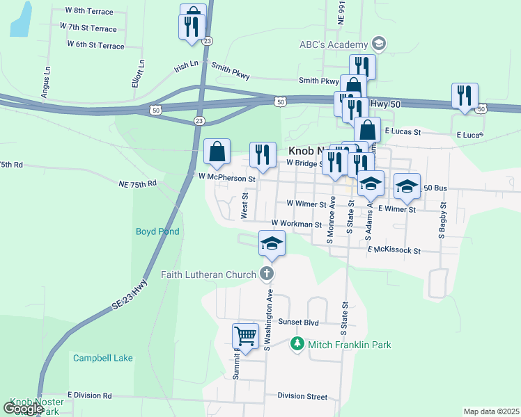 map of restaurants, bars, coffee shops, grocery stores, and more near 601 West McPherson Street in Knob Noster
