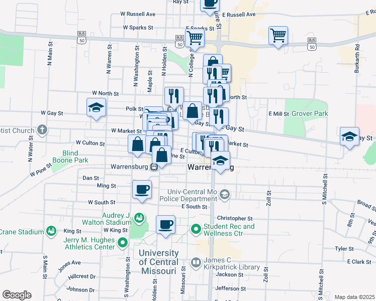 map of restaurants, bars, coffee shops, grocery stores, and more near 200 East Market Street in Warrensburg