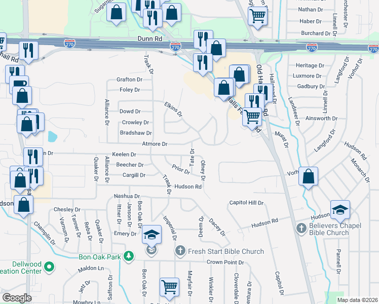 map of restaurants, bars, coffee shops, grocery stores, and more near 1858 Atmore Drive in St. Louis