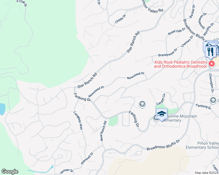map of restaurants, bars, coffee shops, grocery stores, and more near 4865 Newstead Place in Colorado Springs