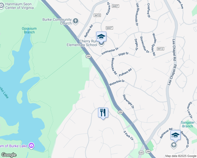 map of restaurants, bars, coffee shops, grocery stores, and more near 9808 Portside Drive in Burke