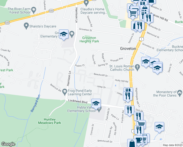 map of restaurants, bars, coffee shops, grocery stores, and more near 3385 Beechcliff Drive in Alexandria