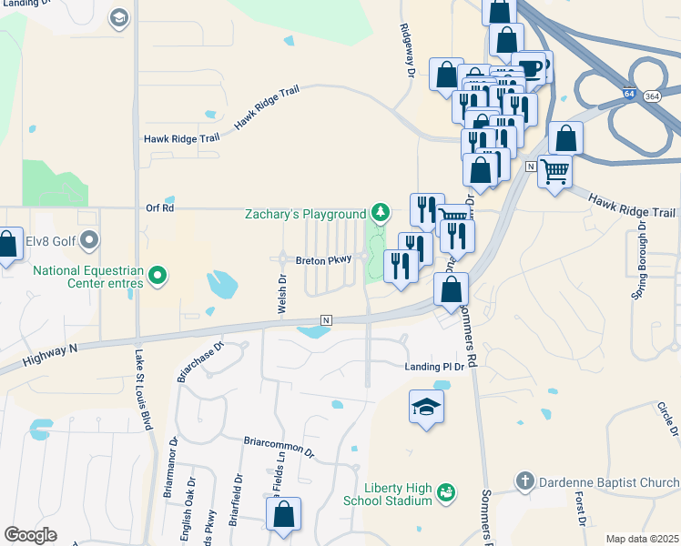 map of restaurants, bars, coffee shops, grocery stores, and more near 909 Carpathian Drive in Lake Saint Louis