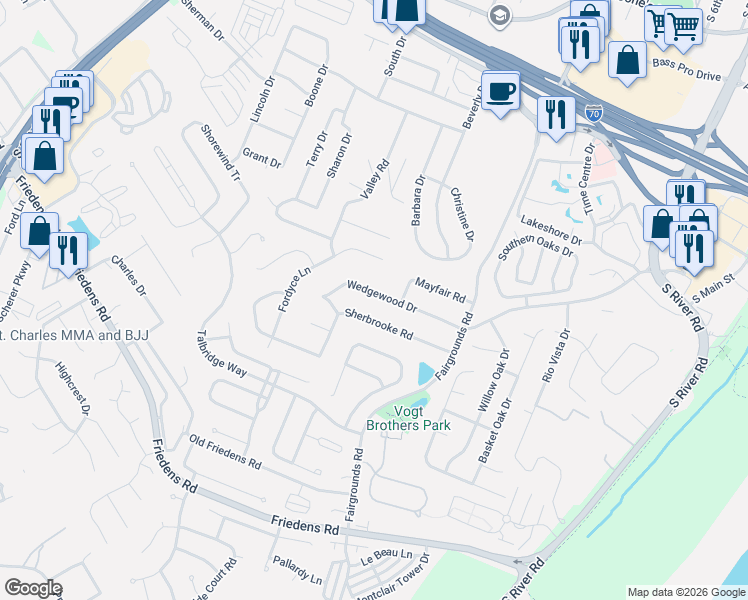 map of restaurants, bars, coffee shops, grocery stores, and more near 1122 Wedgewood Drive in Saint Charles