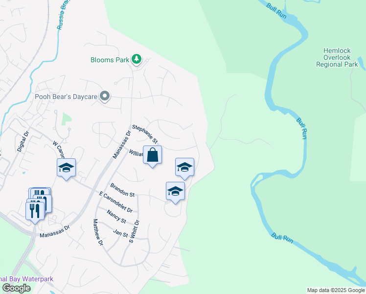 map of restaurants, bars, coffee shops, grocery stores, and more near 9241 Stephanie Street in Manassas Park