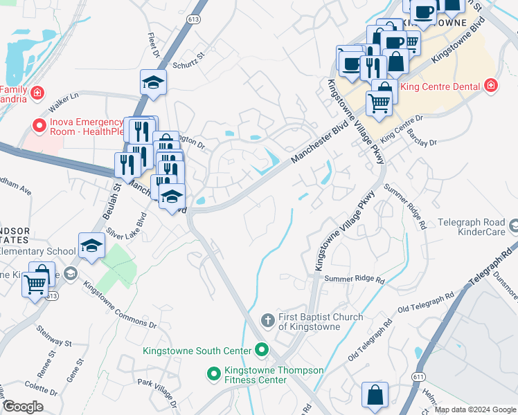 map of restaurants, bars, coffee shops, grocery stores, and more near 7153 Rock Ridge Lane in Alexandria