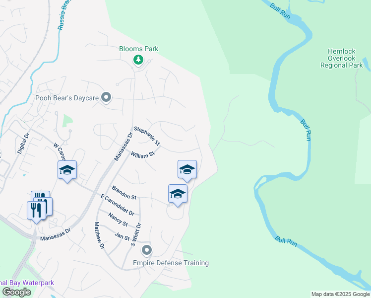 map of restaurants, bars, coffee shops, grocery stores, and more near 9241 Stephanie Street in Manassas Park