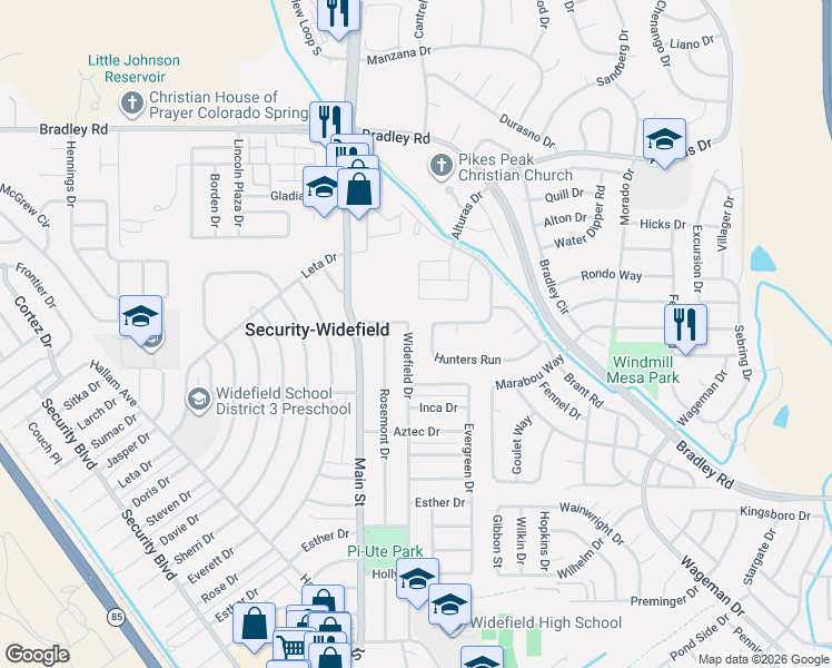 map of restaurants, bars, coffee shops, grocery stores, and more near 4965 Hunters Run in Colorado Springs