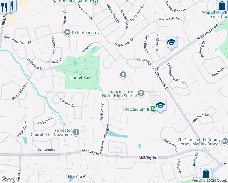 map of restaurants, bars, coffee shops, grocery stores, and more near 2921 Park Valley Drive in St. Peters