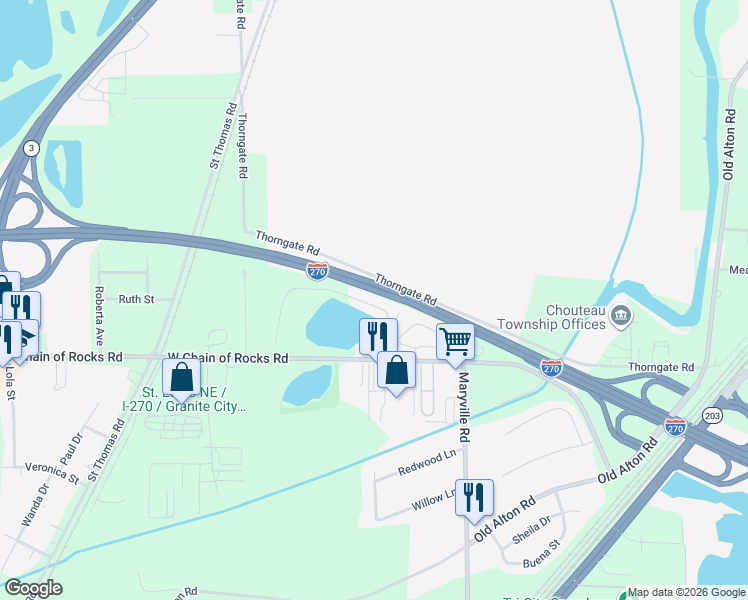 map of restaurants, bars, coffee shops, grocery stores, and more near Interstate 270 in Granite City