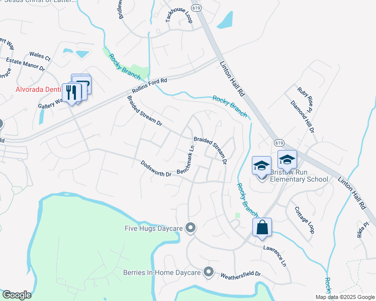 map of restaurants, bars, coffee shops, grocery stores, and more near 13724 Denham Way in Bristow