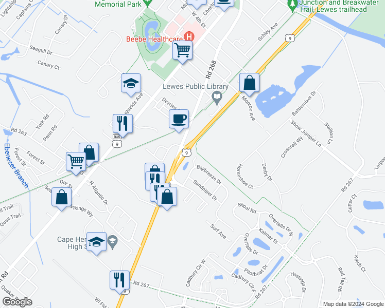 map of restaurants, bars, coffee shops, grocery stores, and more near 4 Inlet Place in Lewes