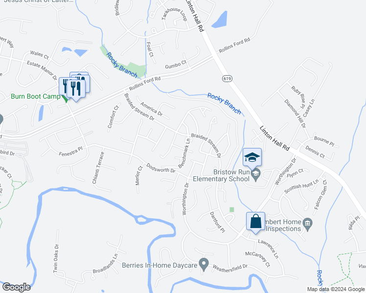 map of restaurants, bars, coffee shops, grocery stores, and more near 13724 Denham Way in Bristow