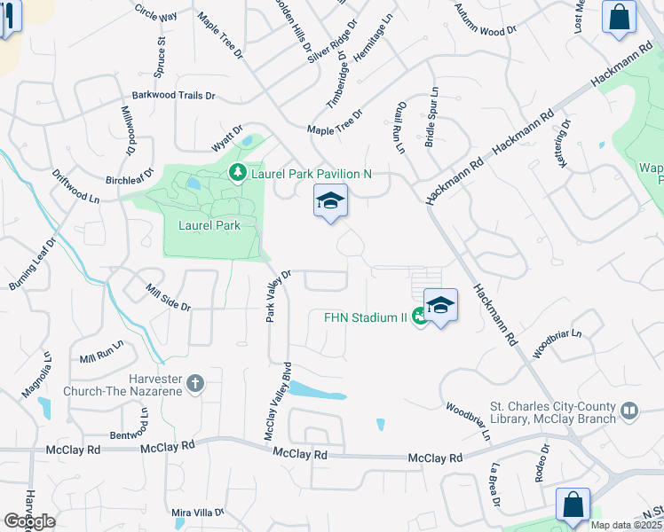 map of restaurants, bars, coffee shops, grocery stores, and more near 2501 Hackmann Road in St. Peters