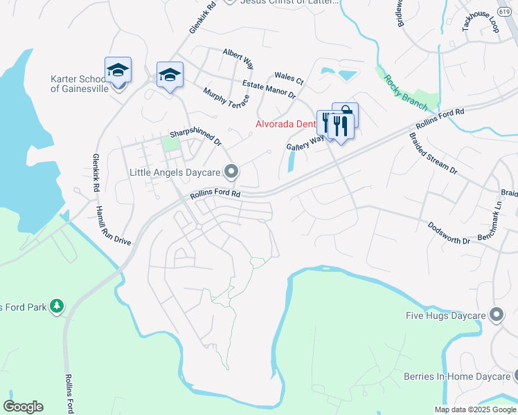 map of restaurants, bars, coffee shops, grocery stores, and more near 14021 Indigo Bunting Court in Gainesville