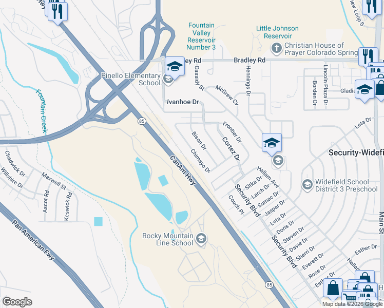 map of restaurants, bars, coffee shops, grocery stores, and more near 2238 Bison Drive in Colorado Springs