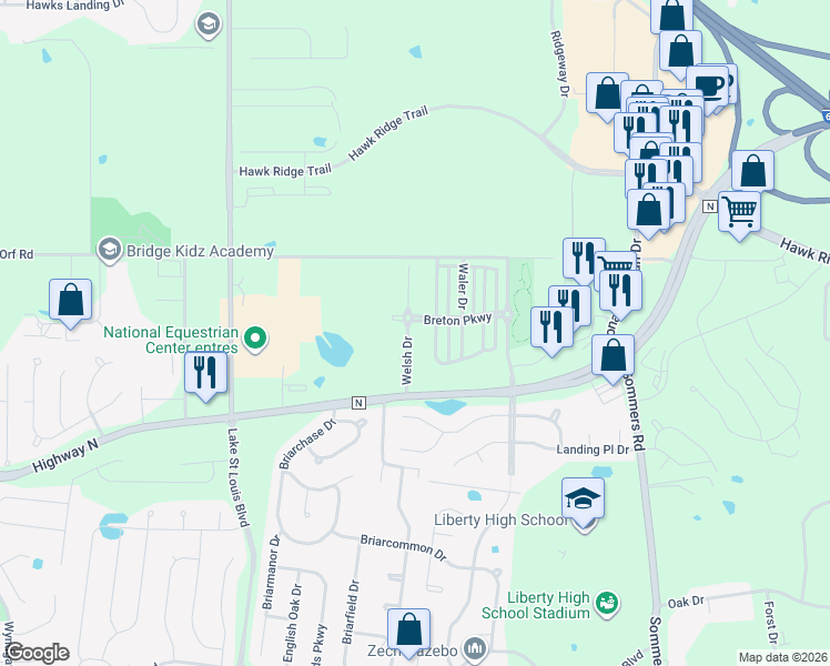 map of restaurants, bars, coffee shops, grocery stores, and more near 1158 Welsh Drive in Lake Saint Louis