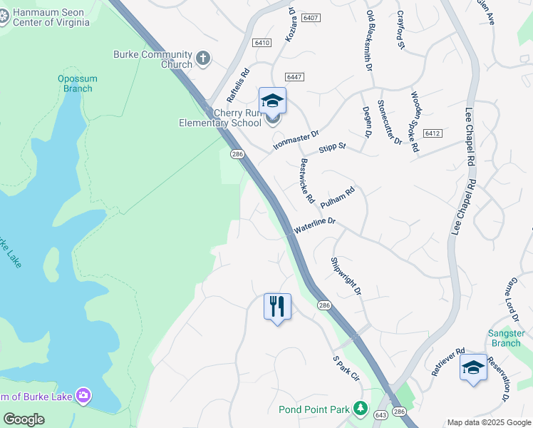 map of restaurants, bars, coffee shops, grocery stores, and more near 9808 Portside Drive in Burke