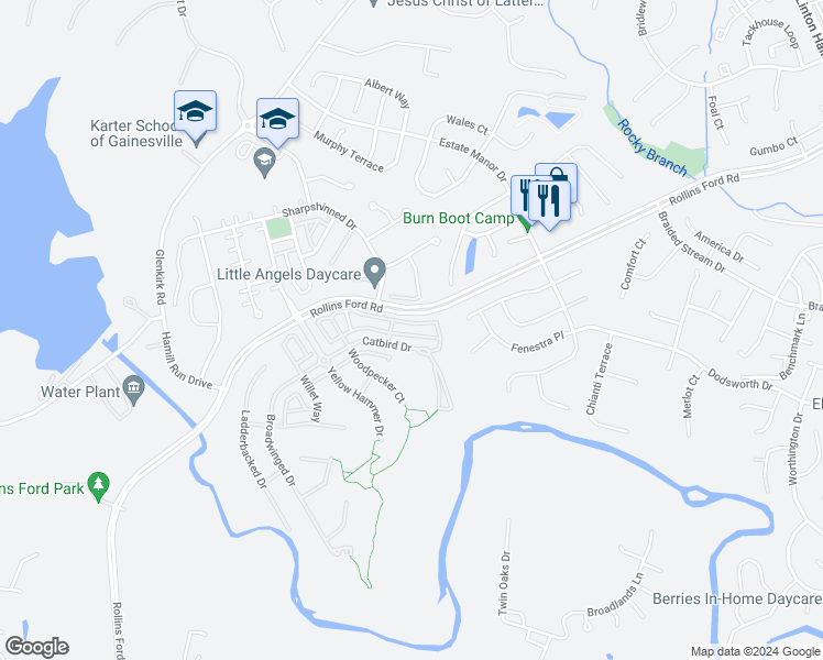 map of restaurants, bars, coffee shops, grocery stores, and more near 14029 Indigo Bunting Court in Gainesville