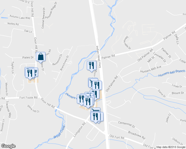 map of restaurants, bars, coffee shops, grocery stores, and more near 9119 Livingston Road in Fort Washington