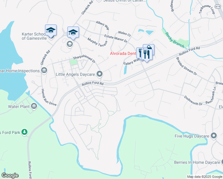 map of restaurants, bars, coffee shops, grocery stores, and more near 14021 Indigo Bunting Court in Gainesville