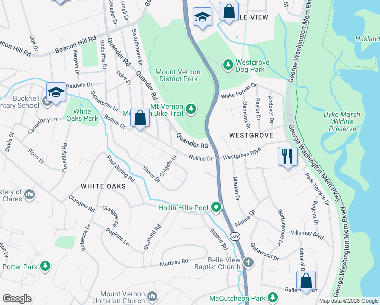 map of restaurants, bars, coffee shops, grocery stores, and more near 7028 Quander Road in Alexandria