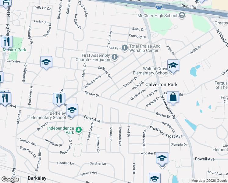 map of restaurants, bars, coffee shops, grocery stores, and more near 223 Elbring Drive in St. Louis