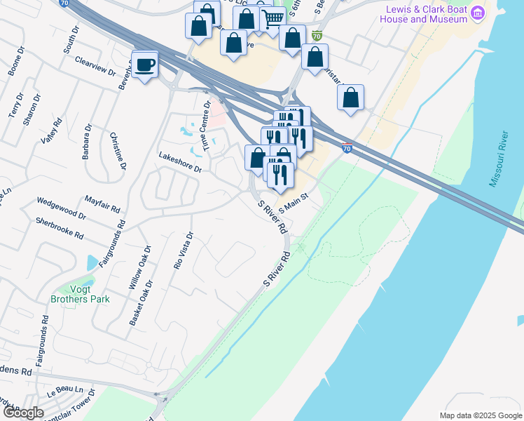 map of restaurants, bars, coffee shops, grocery stores, and more near 333 Camelback Road in Saint Charles