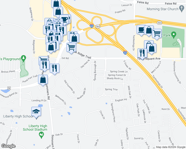 map of restaurants, bars, coffee shops, grocery stores, and more near 4301 Spring River Drive in O'Fallon