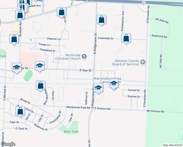 map of restaurants, bars, coffee shops, grocery stores, and more near 837 East Gay Street in Warrensburg