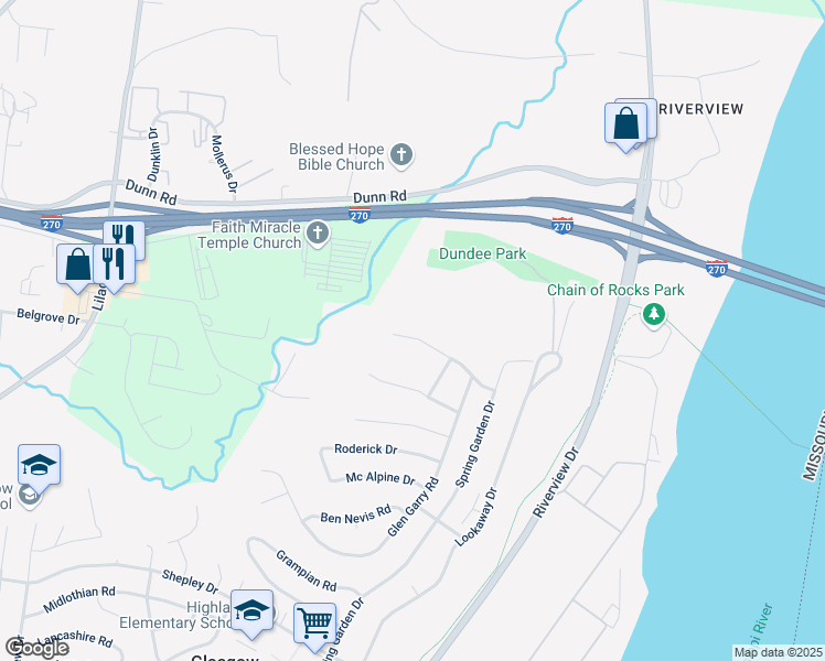 map of restaurants, bars, coffee shops, grocery stores, and more near 237 Dundee Circle in St. Louis
