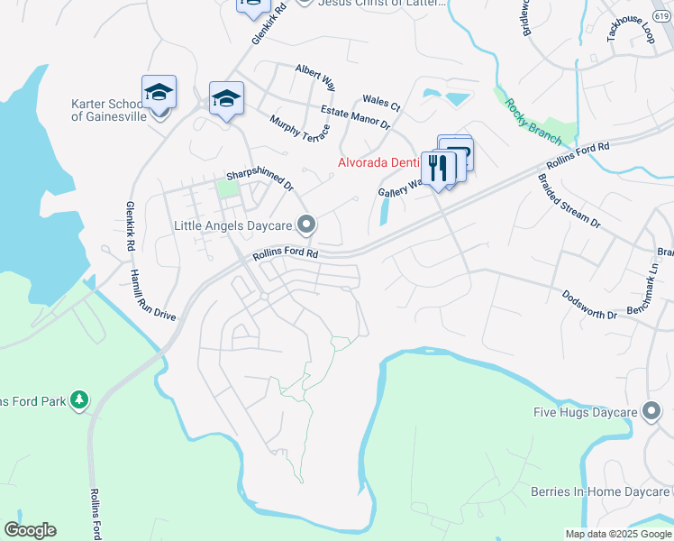 map of restaurants, bars, coffee shops, grocery stores, and more near 14029 Indigo Bunting Court in Gainesville
