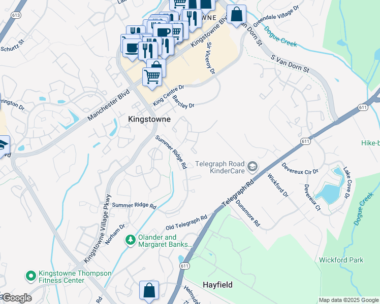 map of restaurants, bars, coffee shops, grocery stores, and more near 7036 Fieldhurst Court in Alexandria