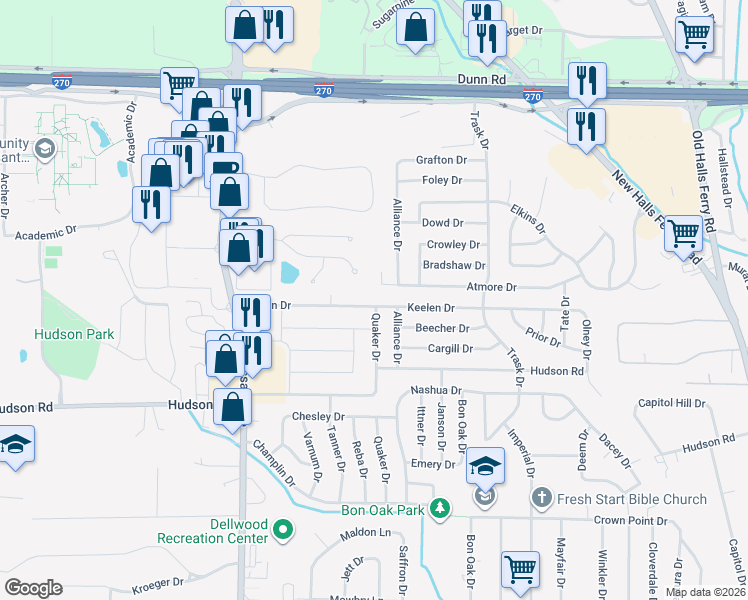 map of restaurants, bars, coffee shops, grocery stores, and more near 1641 Atmore Drive in St. Louis