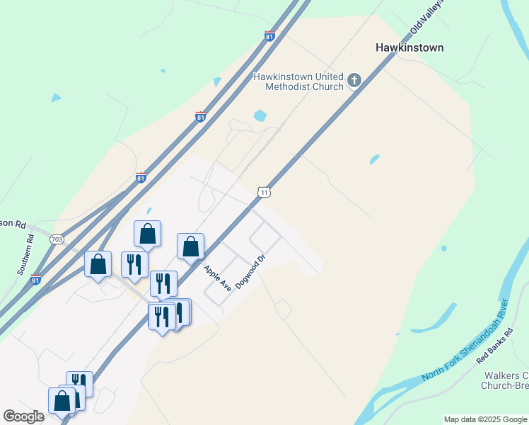 map of restaurants, bars, coffee shops, grocery stores, and more near 130 Avondale Avenue in Mount Jackson