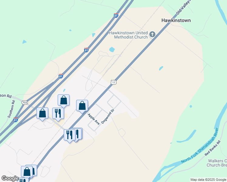 map of restaurants, bars, coffee shops, grocery stores, and more near 130 Avondale Avenue in Mount Jackson
